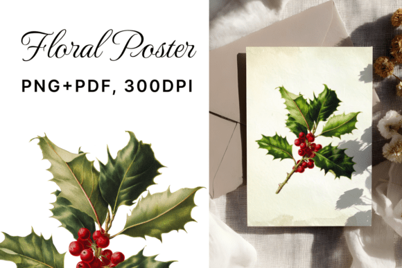 Download Vintage Holly with Berries, PNG + PDF - Vintage Collection