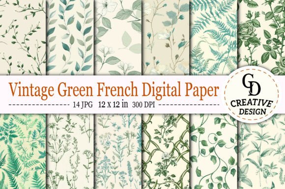 Download Vintage Green French Digital Paper - Vintage Collection