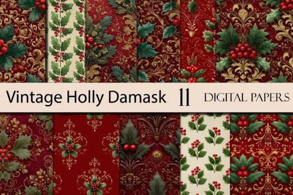 Download Vintage Holly Damask Digital Paper - Vintage Collection