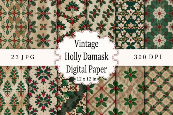 Download Vintage Holly Damask Digital Paper - Vintage Collection