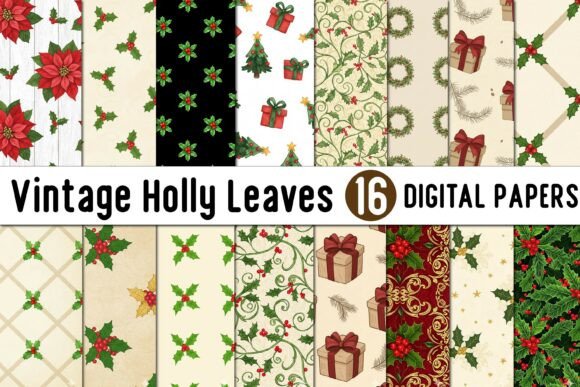 Download Vintage Holly Leaves Digital Paper - Vintage Collection