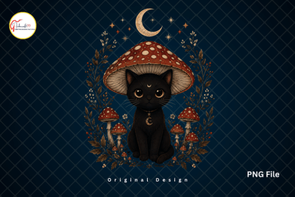 Download Cottagecore Mushroom Moon Black Cat PNG - Png Collection