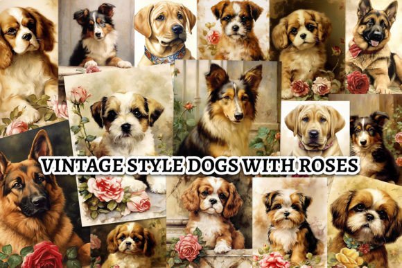 Download A4 Vintage Style Dogs with Roses Bundle - Vintage Collection