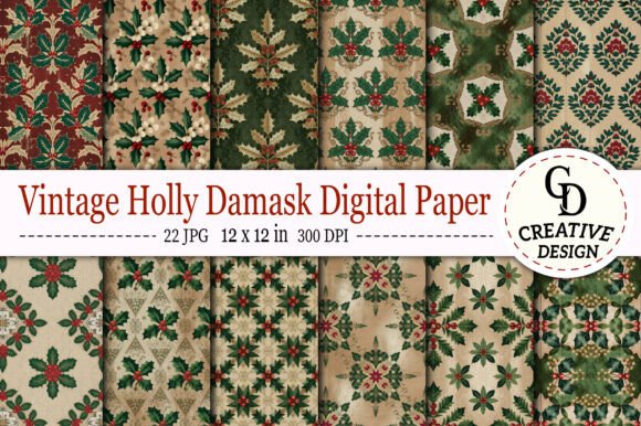 Download Vintage Holly Damask Digital Paper - Vintage Collection