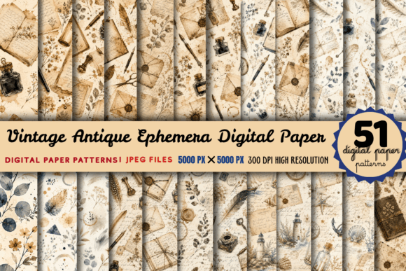 Download Vintage Antique Ephemera Digital Paper - Vintage Collection