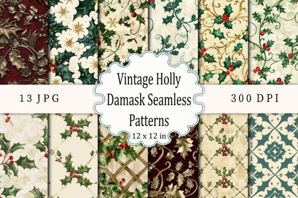 Download Vintage Holly Damask Seamless Patterns - Vintage Collection