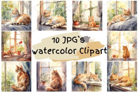 Download Cat Vintage Watercolor Clipart JPG, 1S-8 - Vintage Collection