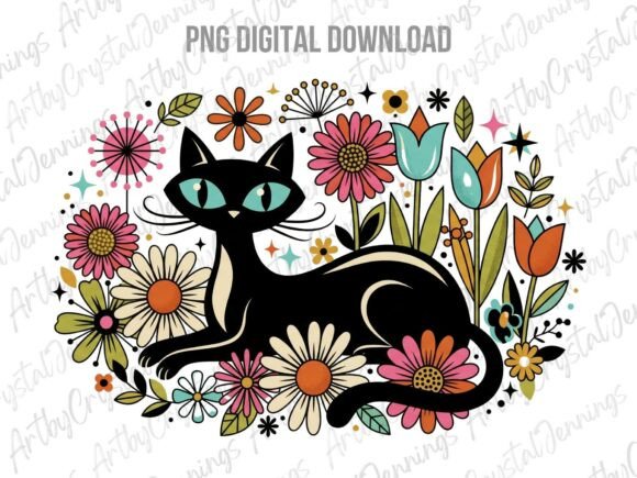 Download Retro 70s Black Cat Floral PNG - Png Collection