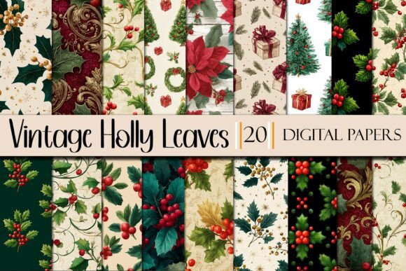 Download Vintage Holly Leaves Digital Paper - Vintage Collection