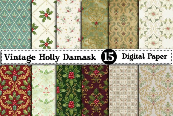 Download Vintage Holly Damask Digital Paper - Vintage Collection