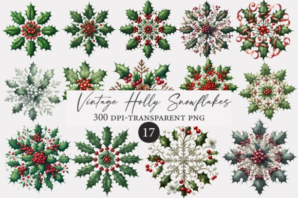 Download Vintage Holly Snowflakes Clipart - Vintage Collection