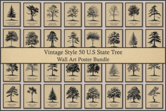 Download Vintage Style 50 US State Tree Posters - Vintage Collection